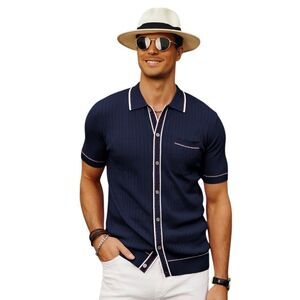 Paul Jones Knit Button Polo Shirt Navy Blue Men's Sz Large Retro Mod Travel Golf